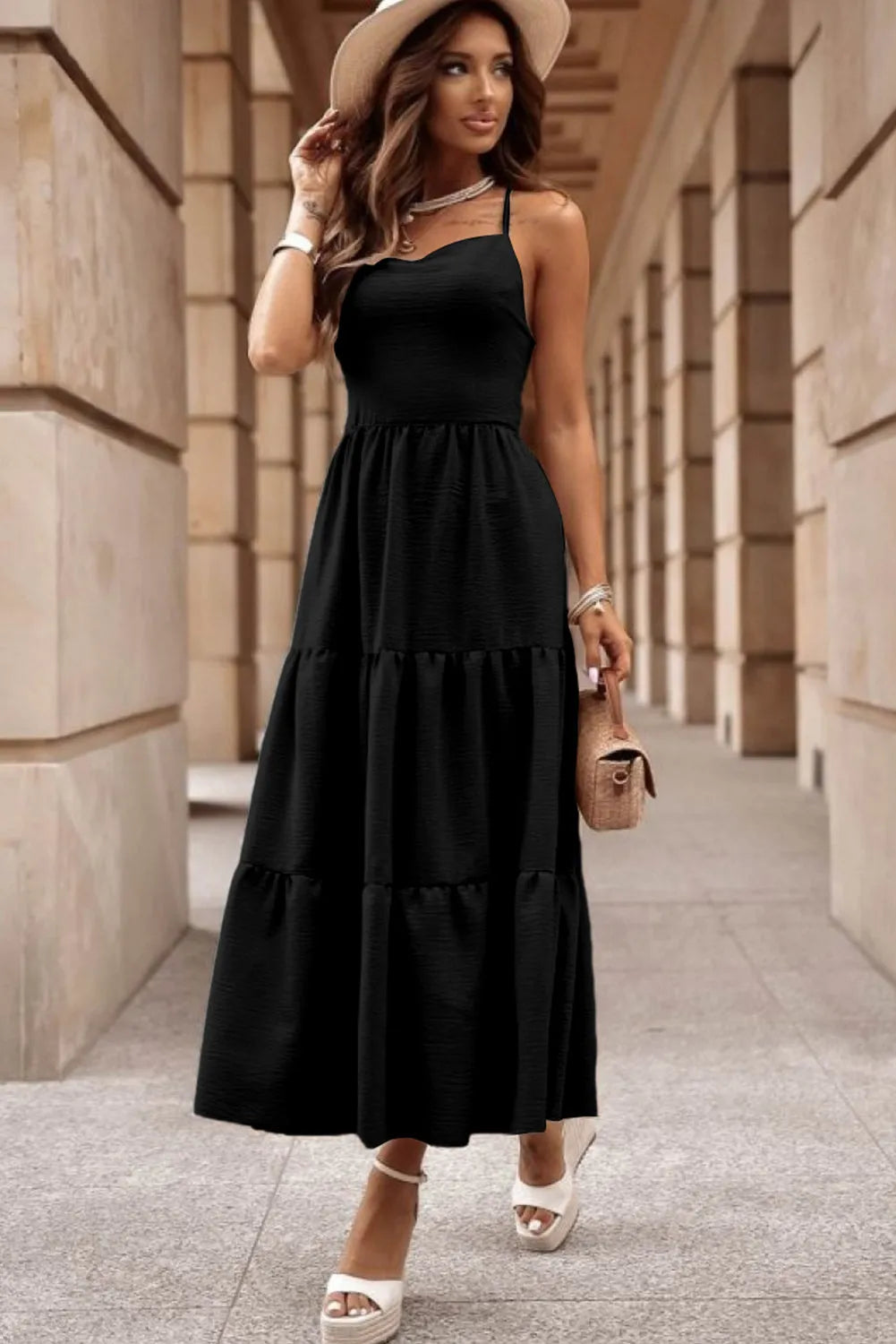 Black Crossover Backless Bodice Tiered Maxi Dress - Chic Meadow Boutique 