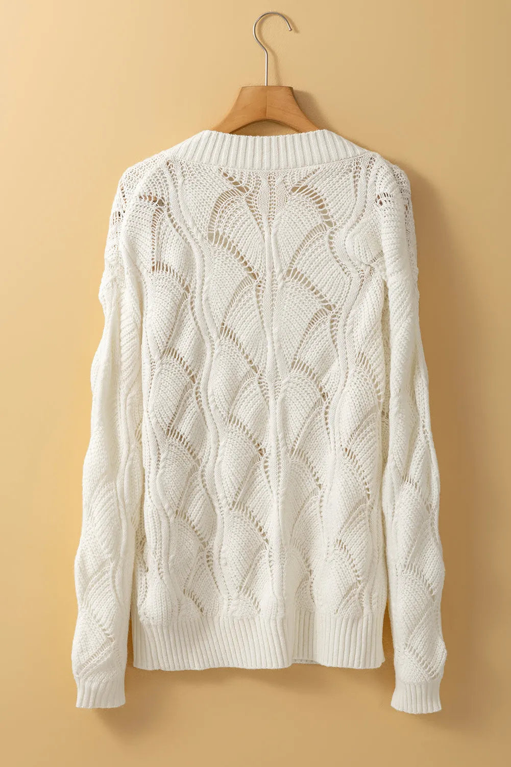 Beige Hollow Out Knit V Neck Drop Shoulder Sweater - Chic Meadow Boutique 