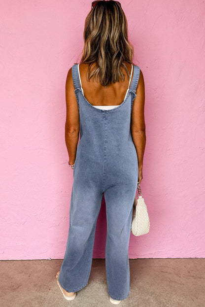 Bottoms/Jumpsuits & Rompers Stone Blue Washed Denim Half Buttons Patched Pocket Wide Leg Overalls