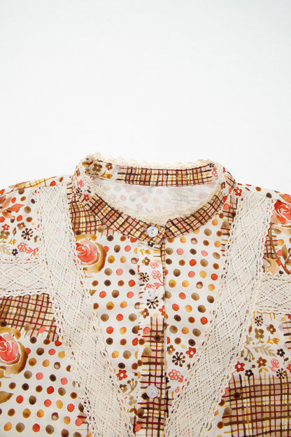 Brown Floral Lace Trim Button Down Long Sleeve Shirt