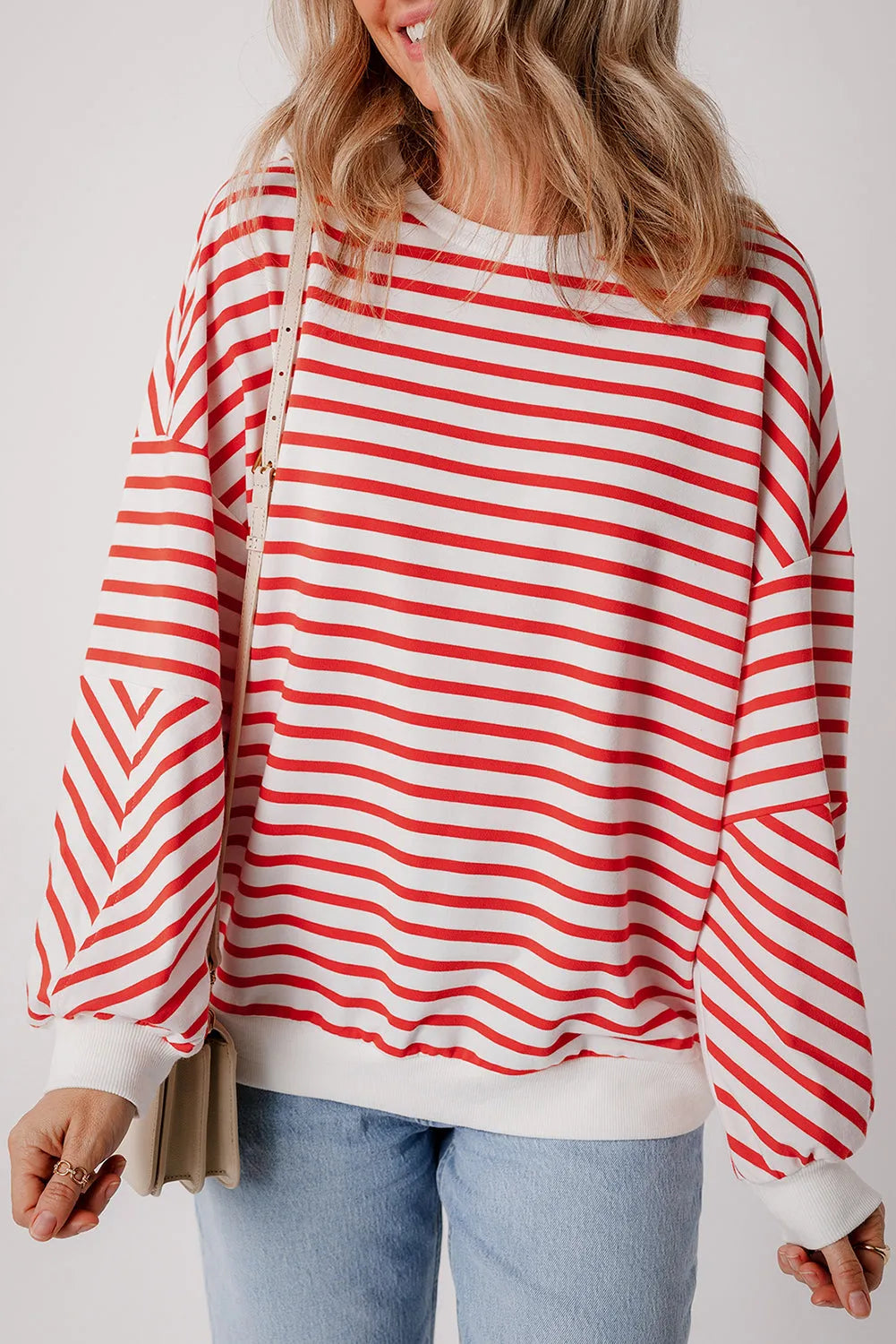 Orange Stripe Drop Shoulder Crew Neck Loose Sweatshirt - Chic Meadow Boutique 