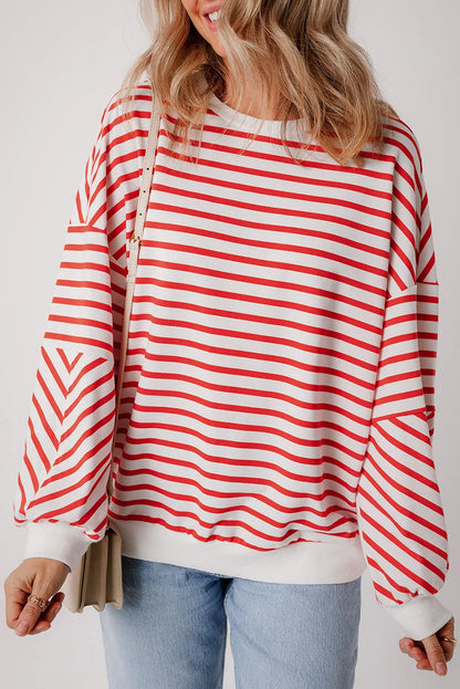 Orange Stripe Drop Shoulder Crew Neck Loose Sweatshirt - Chic Meadow Boutique 