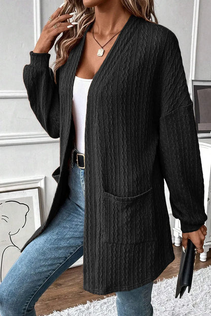 Black Textured Knit Side Pockets Open Front Cardigan - Chic Meadow Boutique 