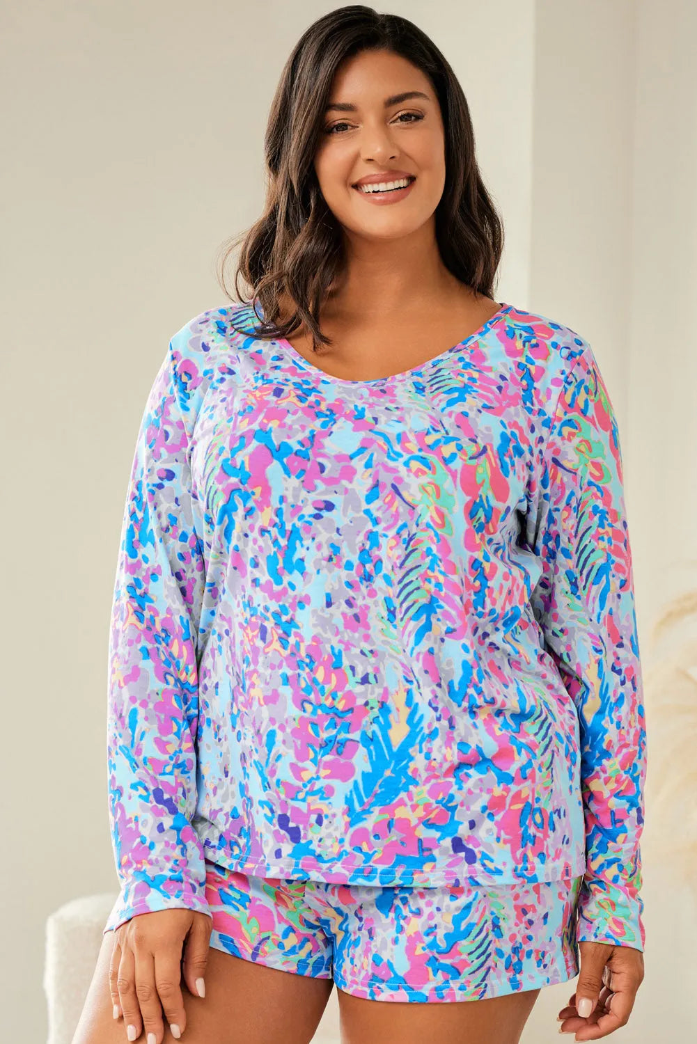 Sky Blue Plus Size Floral Print Long Sleeve and Shorts Lounge Outfit - Chic Meadow Boutique 