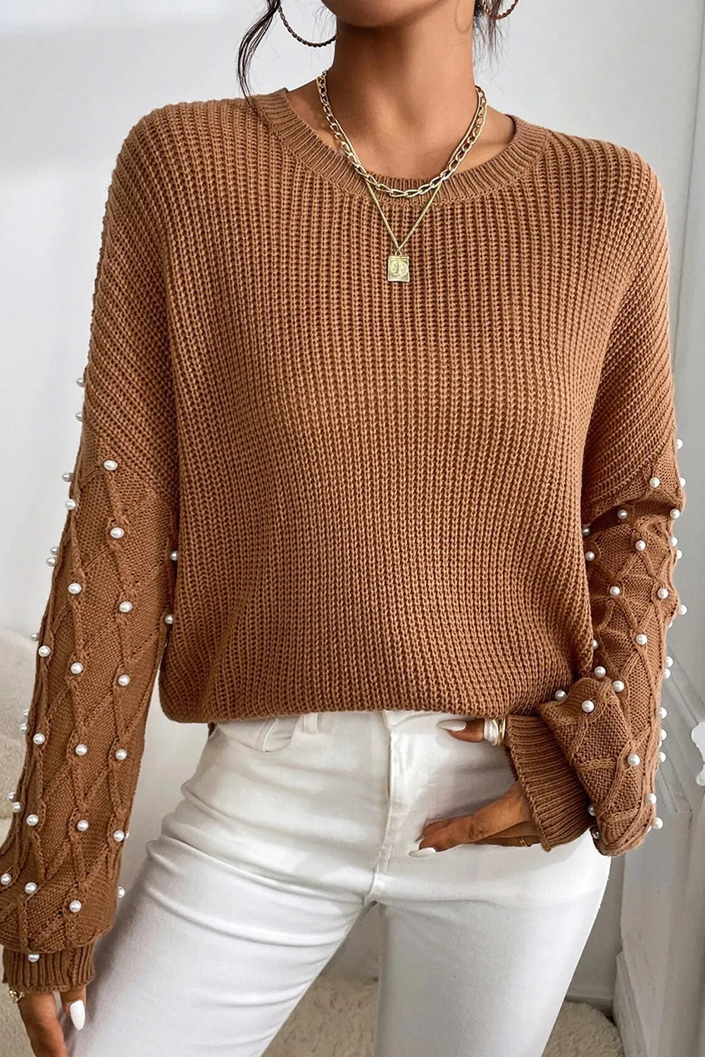 Chestnut Beaded Drop Shoulder Round Neck Sweater - Chic Meadow Boutique 