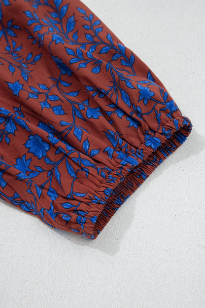 Brown 3/4 Puff Sleeve Tiered Loose Floral Dress