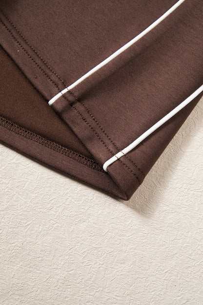 Coffee Sporty Piping Trim Mock Neck Pullover Relaxed 2pcs Pant Set
