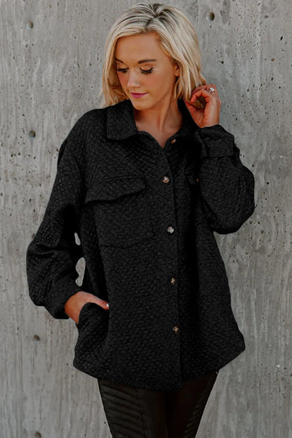 Black Retro Quilted Flap Pocket Button Shacket - Chic Meadow Boutique 