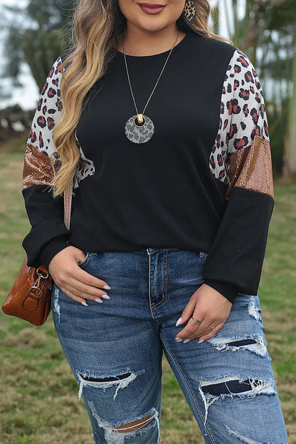 Black Leopard Sequin Patch Plus Size Long Sleeve Top - Chic Meadow Boutique 