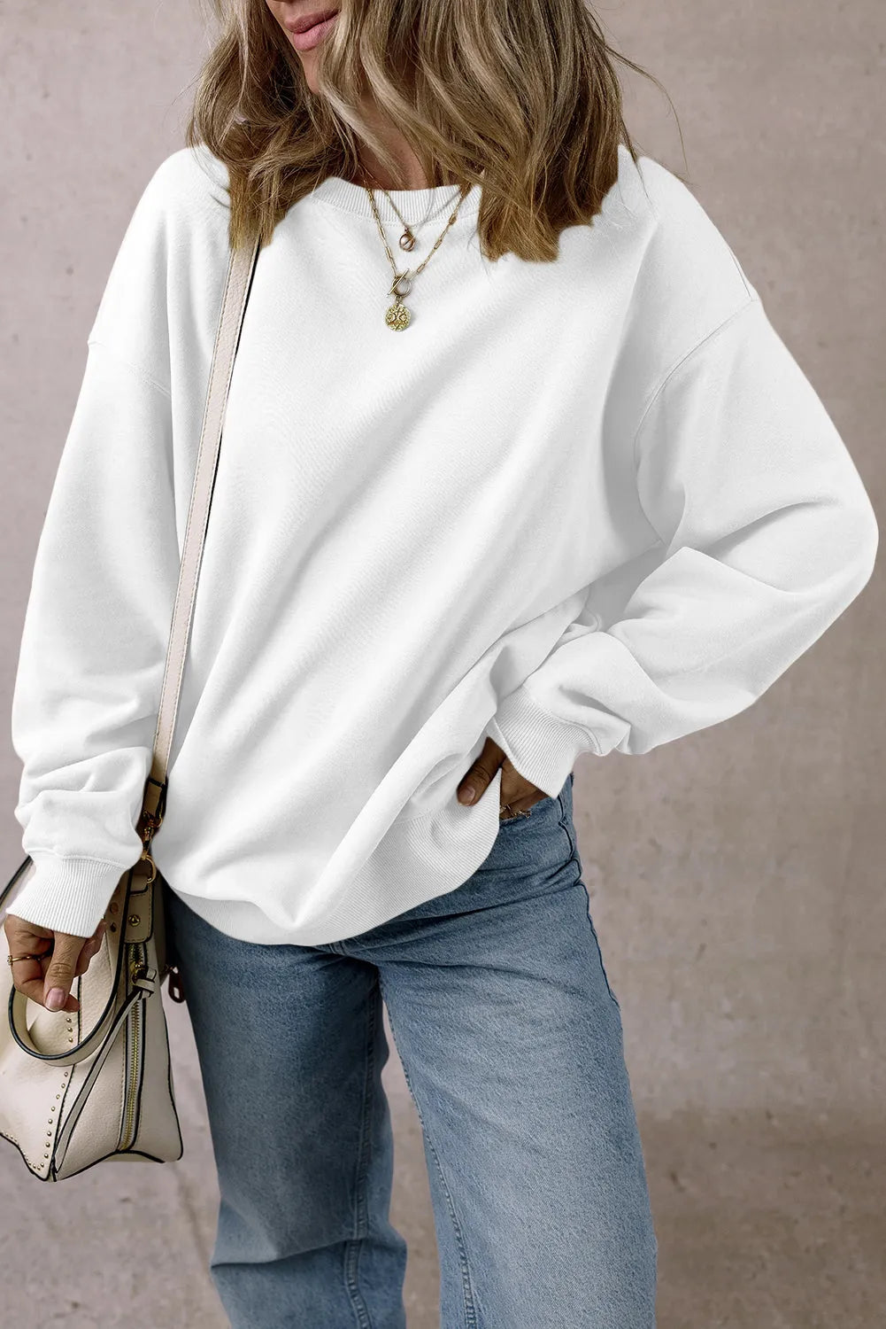 White Solid Fleece Lined Crew Neck Casual Sweatshirt - Chic Meadow Boutique 