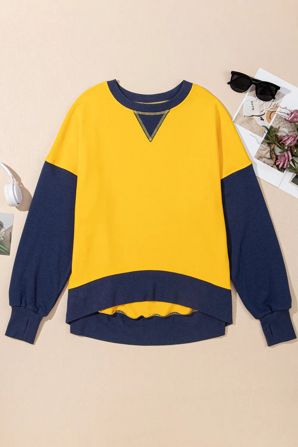 Tops/Sweatshirts & Hoodies Yellow Color Block Thumbhole Sleeve Drop Shoulder Sweatshirt