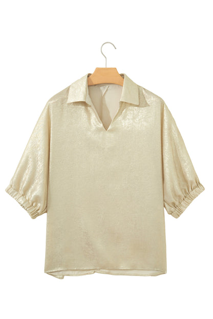 Casual Collared V Neck Half Sleeve Metallic Top
