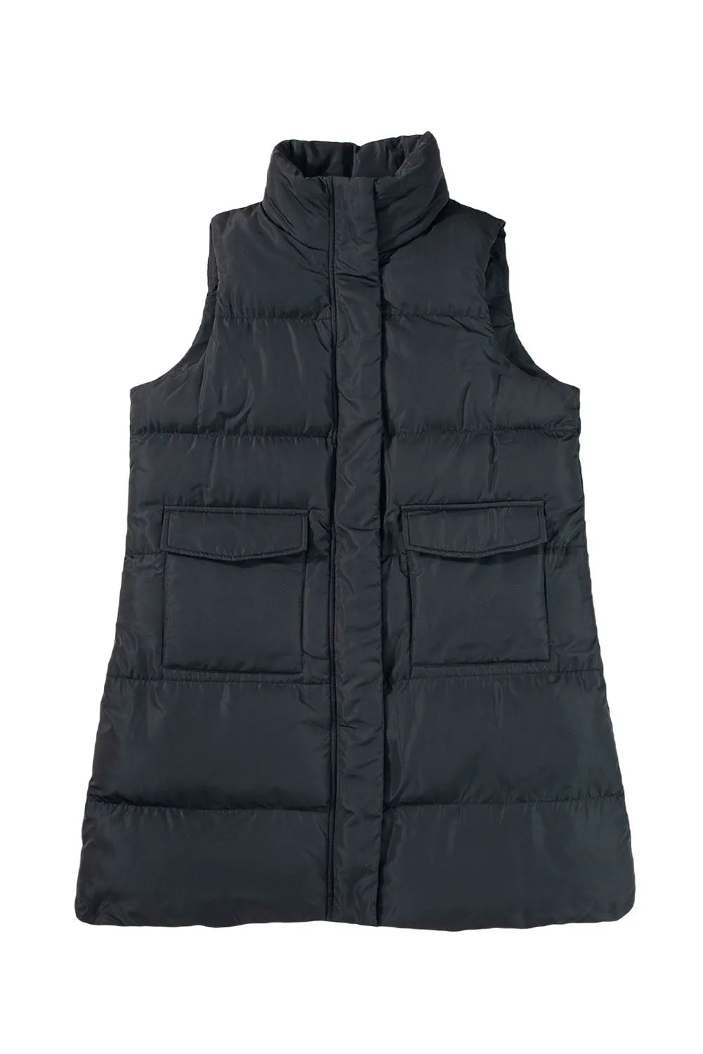 Black Windproof Longline Full Zipper Puffer Vest with Pockets - Chic Meadow Boutique 