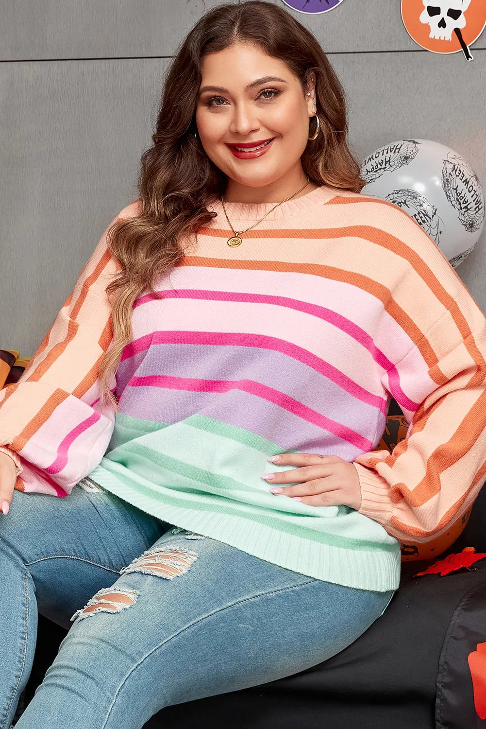 Pink Stripe Color Block Balloon Sleeve Crewneck Plus Size Sweater - Chic Meadow Boutique 