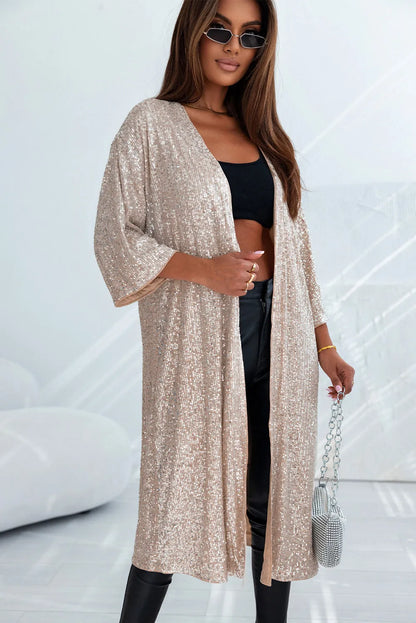 Apricot Sequin 3/4 Sleeve Open Front Duster Kimono - Chic Meadow Boutique 