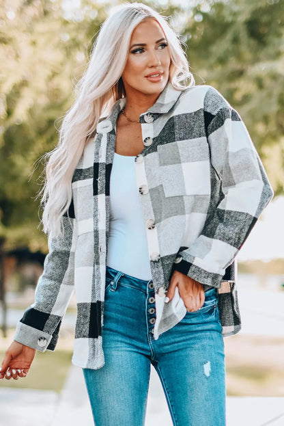 Gray Plaid Color Block Buttoned Long Sleeve Jacket with Pocket - Chic Meadow Boutique 