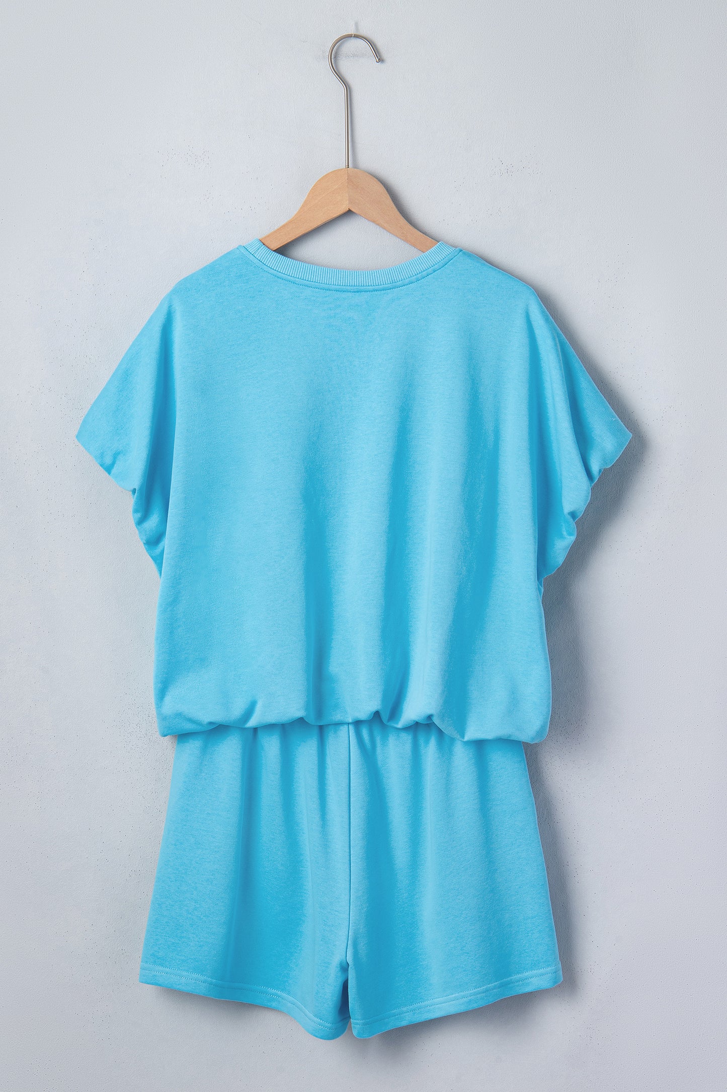 Light Blue Solid Color Puffy Loose Top Drawstring Shorts 2pcs Outfit