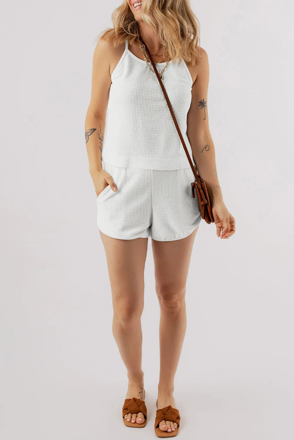 White Waffle Knit Textured Spaghetti Straps Cami and Shorts Set - Chic Meadow Boutique 