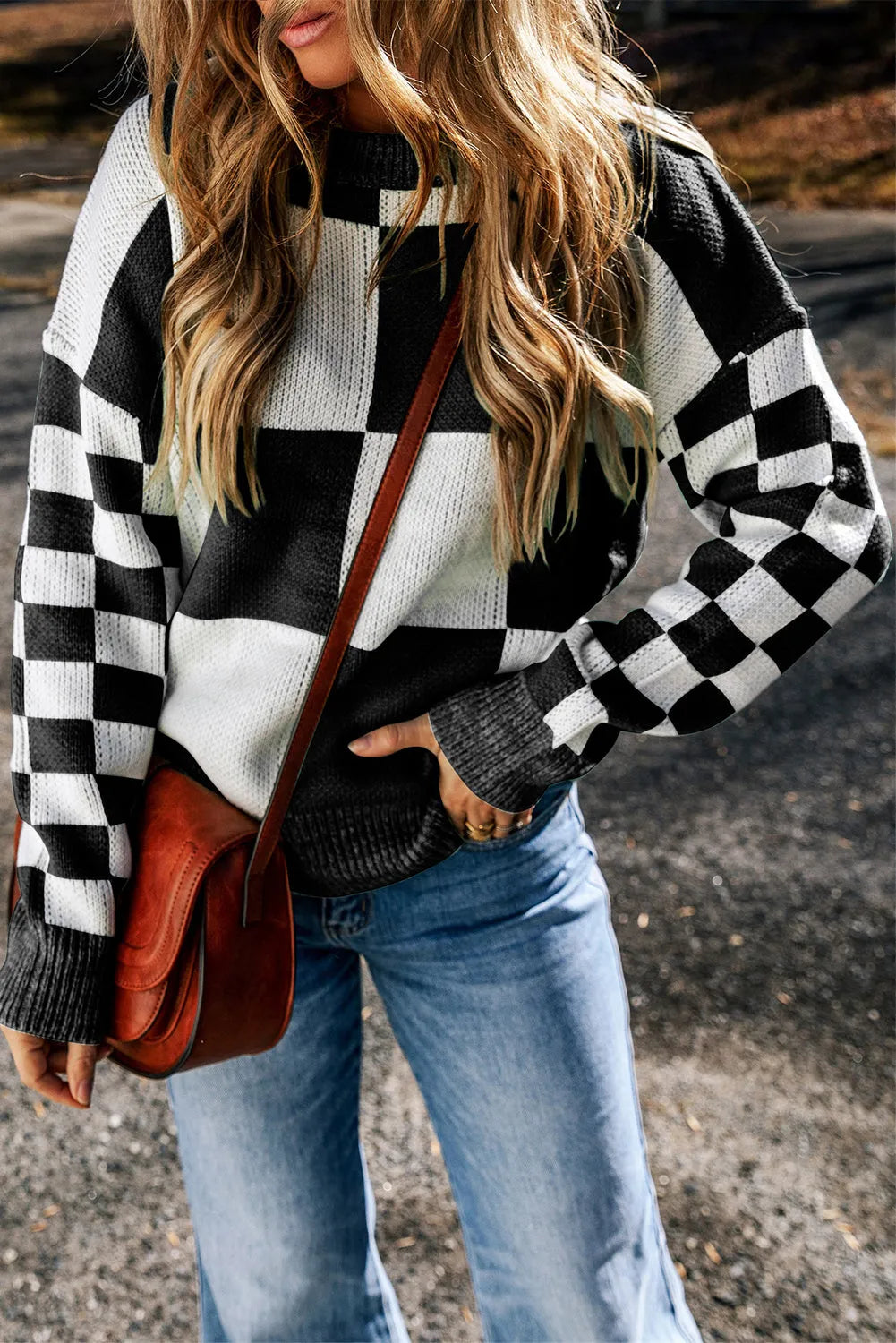 Black Checkered Print Drop Shoulder Sweater - Chic Meadow Boutique 