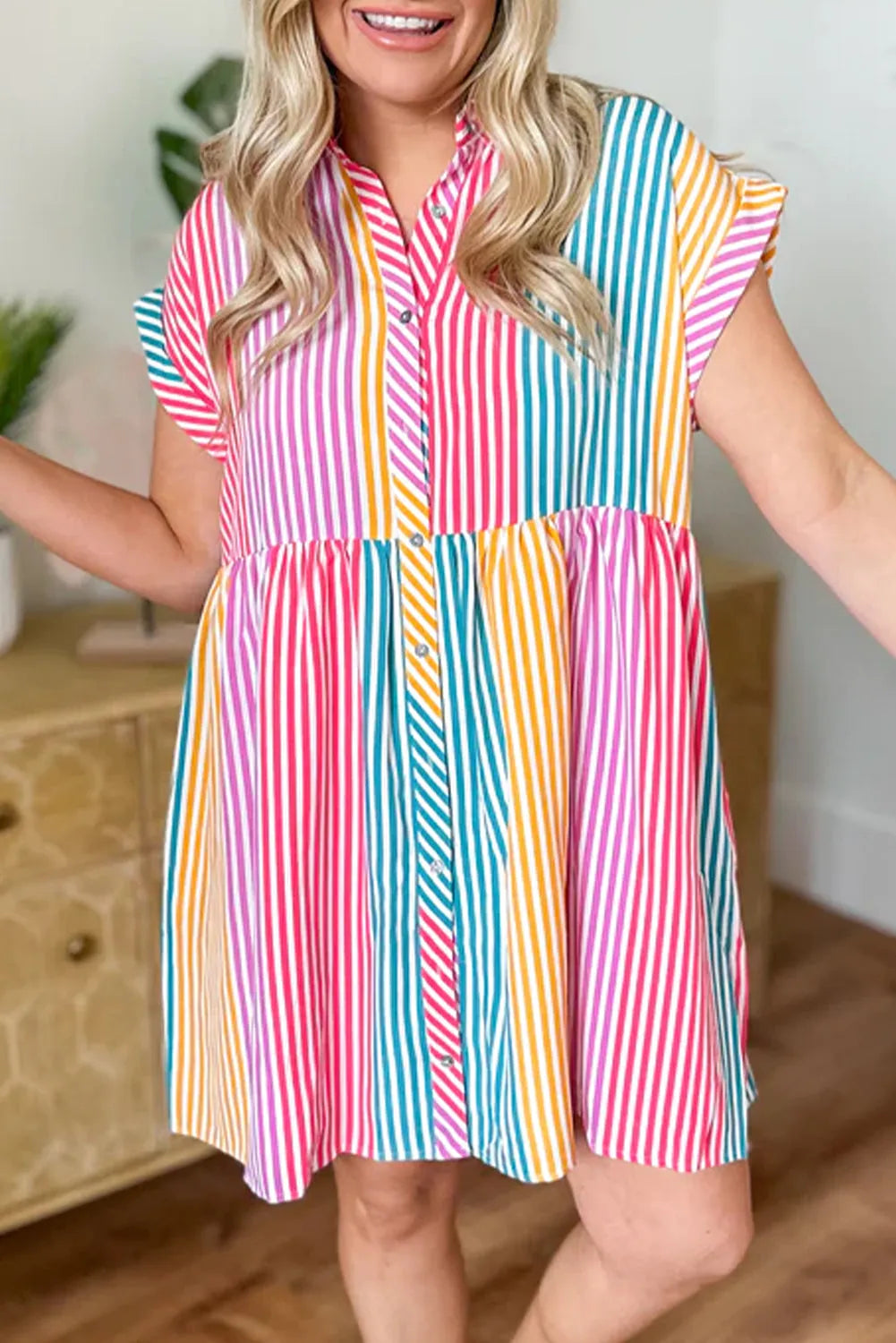 Multicolour Colorblock Striped Short Sleeve Buttoned Shirt Dress - Chic Meadow Boutique 