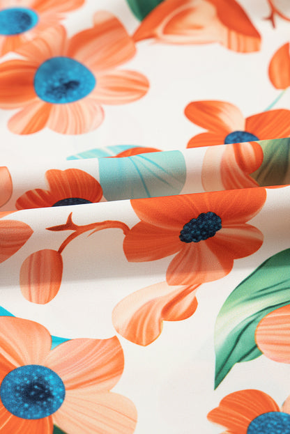 Orange Contrast Trim Floral Split Neck Puff Short Sleeve Tiered Mini Dress