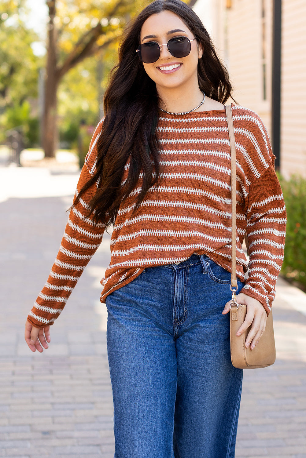 Brown Stripe Drop Shoulder Casual Sweater