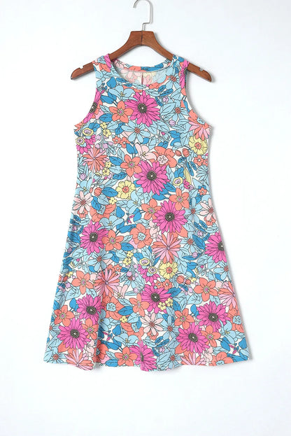 Multicolor Round Neck Sleeveless Floral Mini Dress - Chic Meadow Boutique 