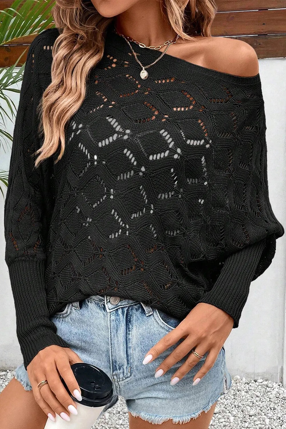 Black Chic Rhombus Knit Dolman Sleeve Sweater - Chic Meadow Boutique 