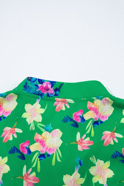 Green Floral Detail Tie Split Neck Short Sleeve Blouse