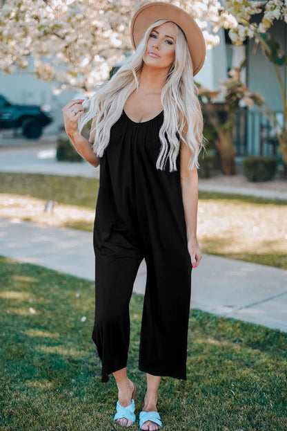 Black Spaghetti Straps Wide Leg Pocketed Jumpsuits - Chic Meadow Boutique 