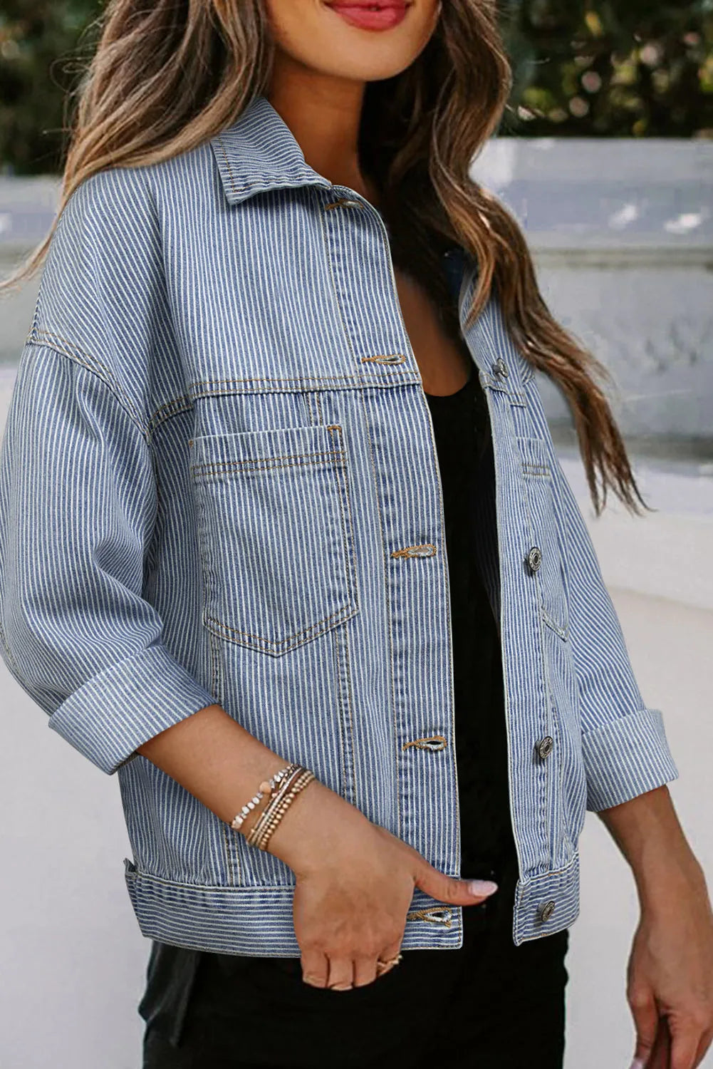 Sky Blue Stripe Washed Oversize Pocketed Denim Jacket - Chic Meadow Boutique 