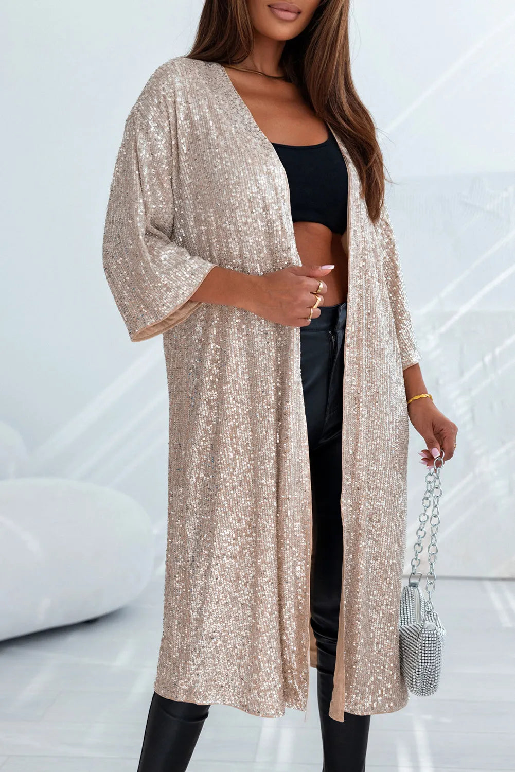 Apricot Sequin 3/4 Sleeve Open Front Duster Kimono - Chic Meadow Boutique 