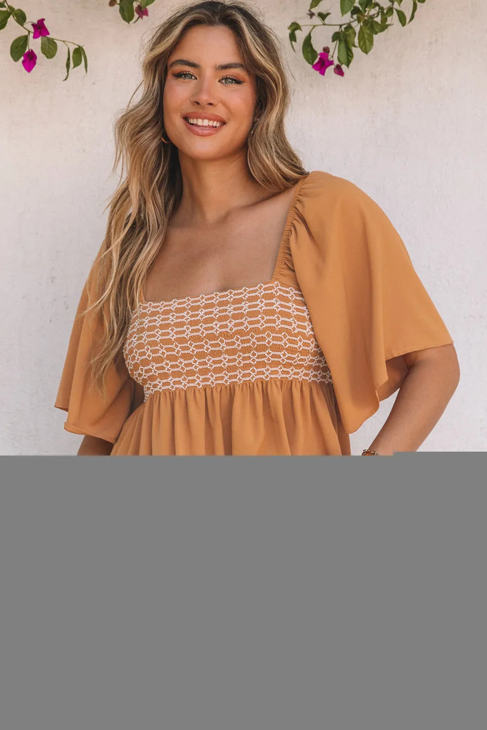 Brown Square Neck Wide Sleeves Flowy Top - Chic Meadow Boutique 