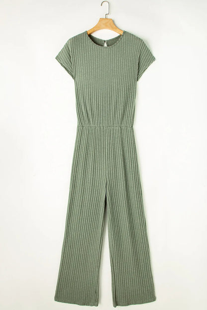 Grass Green Solid Color Ribbed Short Sleeve Wide Leg Jumpsuit - Chic Meadow Boutique 