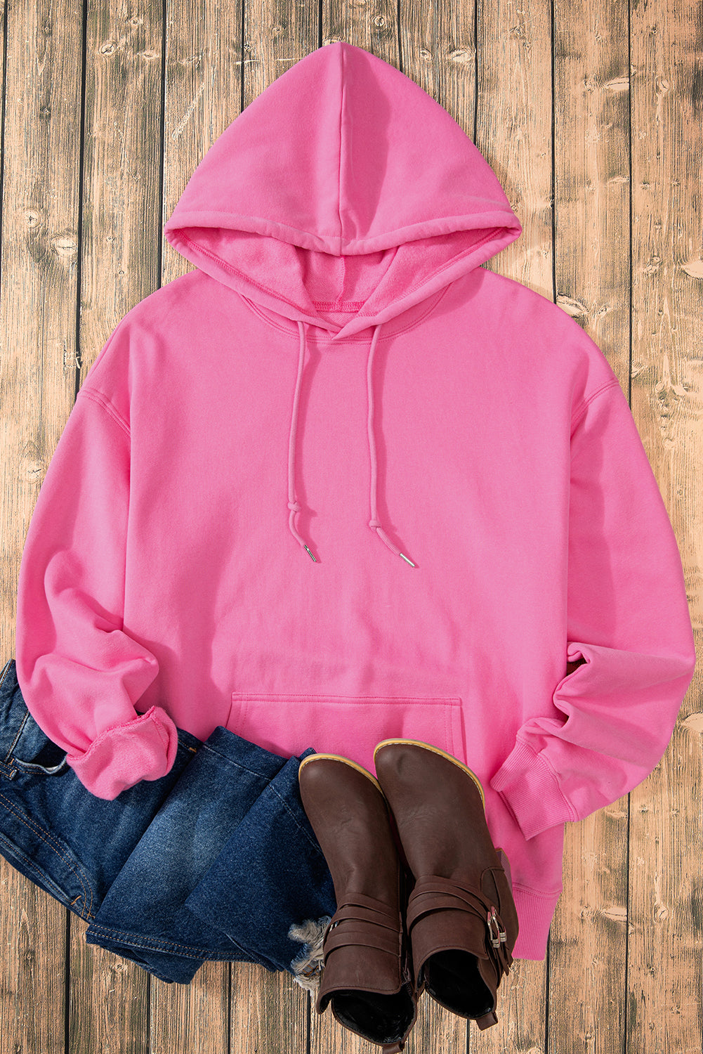 Bonbon Fleece Lined Kangaroo Pocket Drawstring Chunky Hoodie