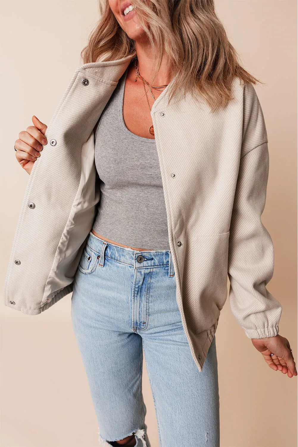 Beige Baseball Collar Snap Button Pocketed Bomber Jacket - Chic Meadow Boutique 