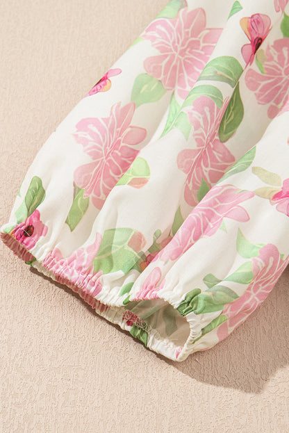 Pink Floral Print Drawstring V Neck Peplum Blouse