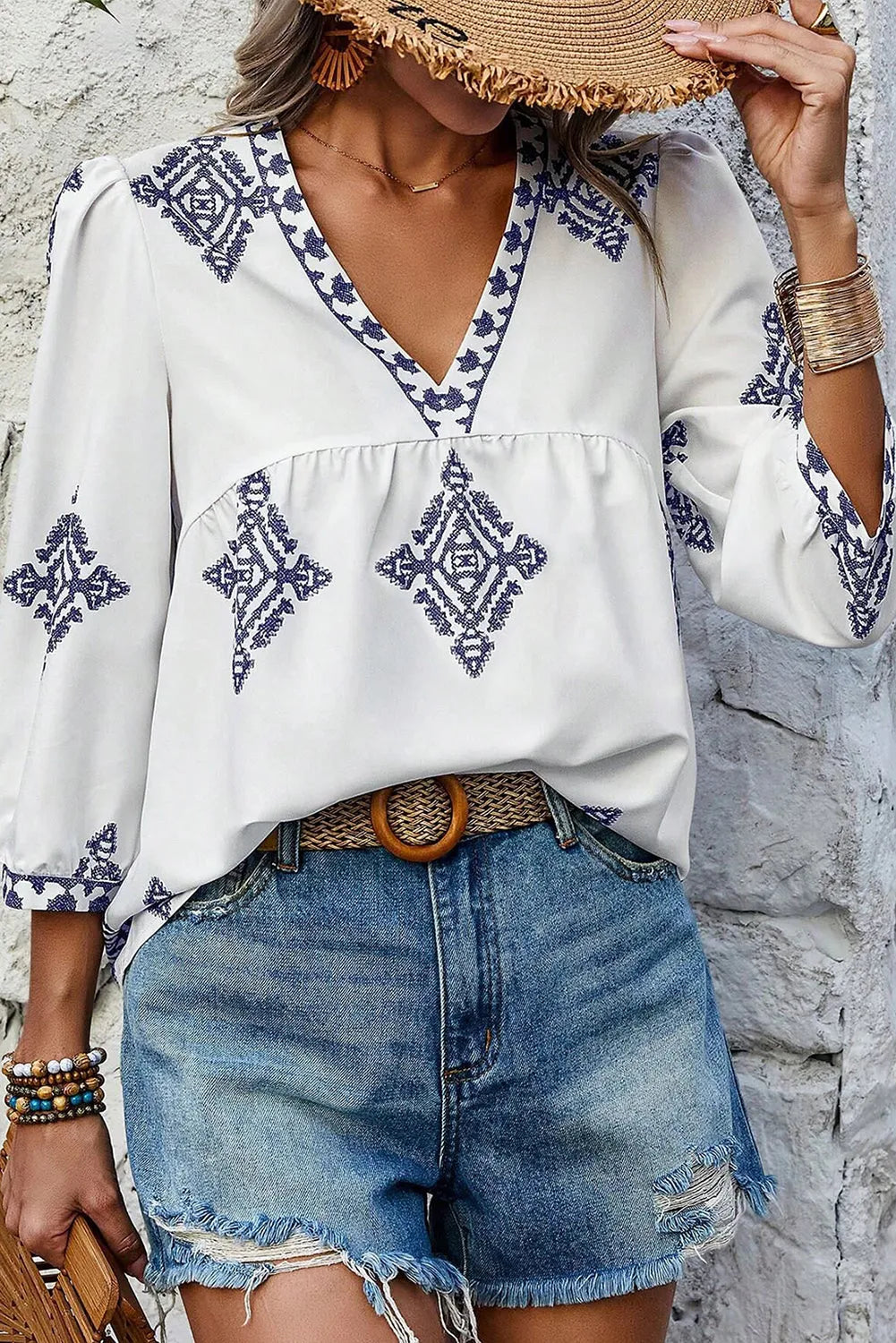 Tops/Blouses & Shirts White / S / 100%Polyester White Boho Geometric Print Bracelet Sleeve V Neck Blouse