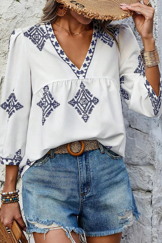 White Boho Geometric Print Bracelet Sleeve V Neck Blouse - Chic Meadow Boutique 