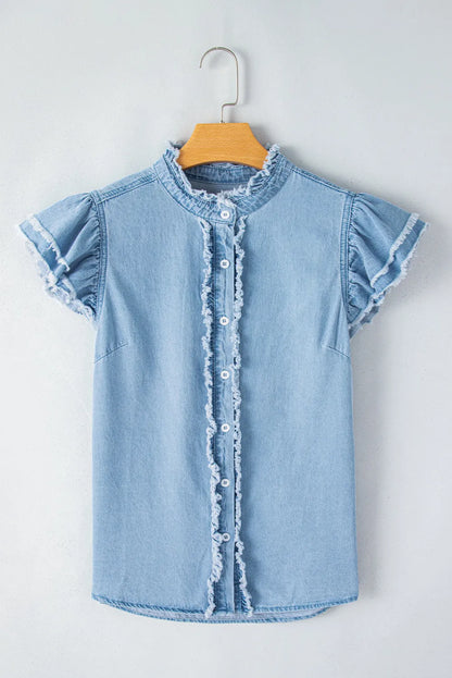 Beau Blue Button Front Ruffled Flutter Frayed Denim Top - Chic Meadow Boutique 