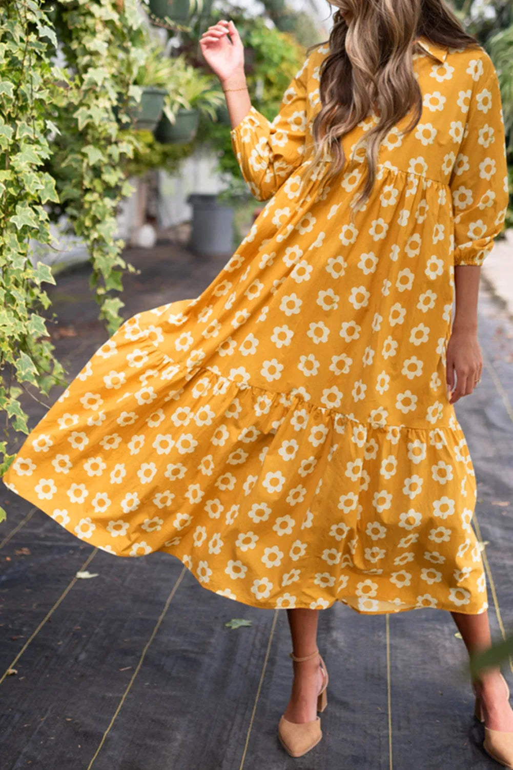 Yellow Flower Print Bracelet Sleeve Buttons Collared Maxi Dress - Chic Meadow Boutique 