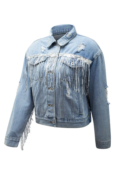 Sky Blue Sequin Embellished Fringe Distressed Denim Jacket - Chic Meadow Boutique 