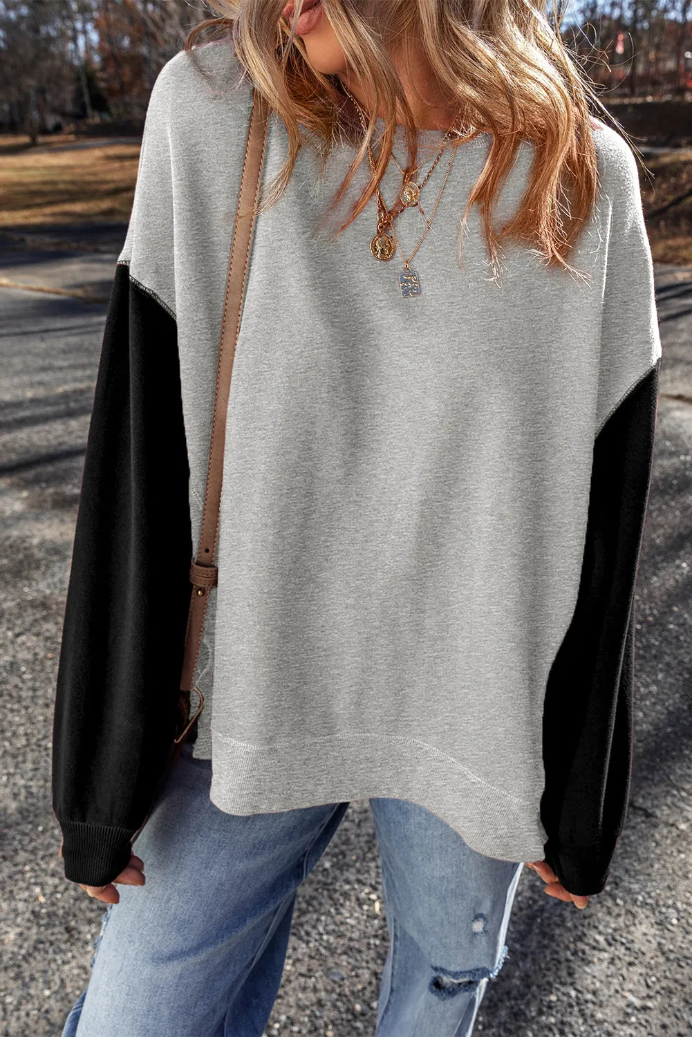 Gray Two Tone Patchwork Drop Shoulder Pullover Sweatshirt - Chic Meadow Boutique 