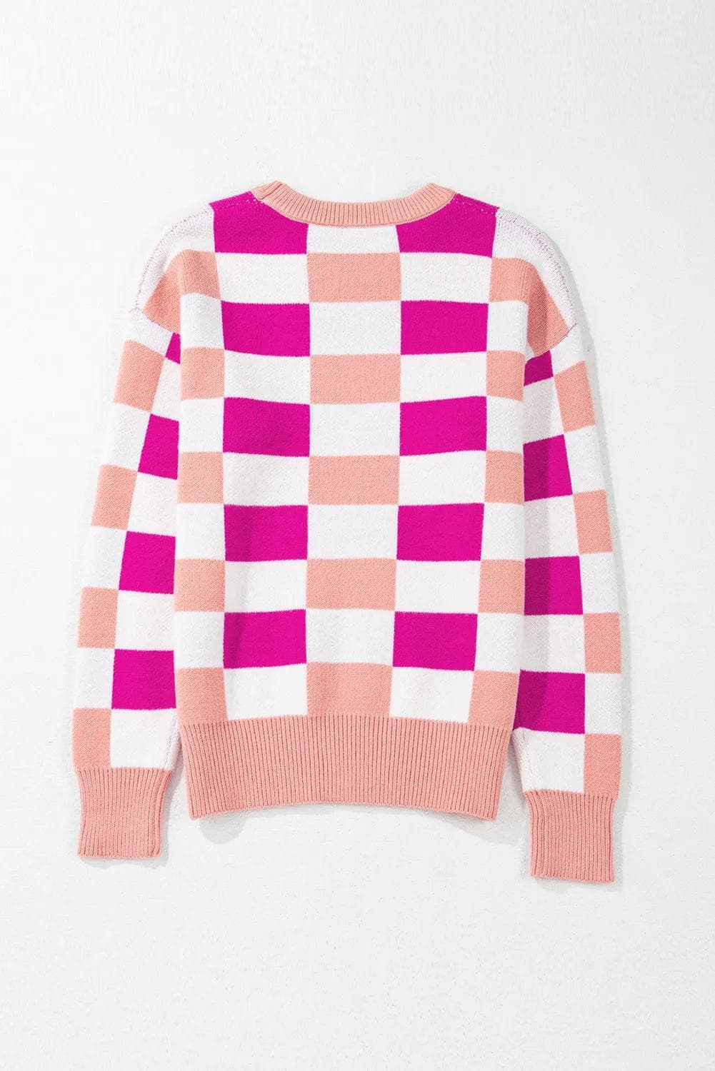 Sweaters & Cardigans/Sweaters Pink Checkered Ribbed Edge O Neck Drop Shoulder Sweater