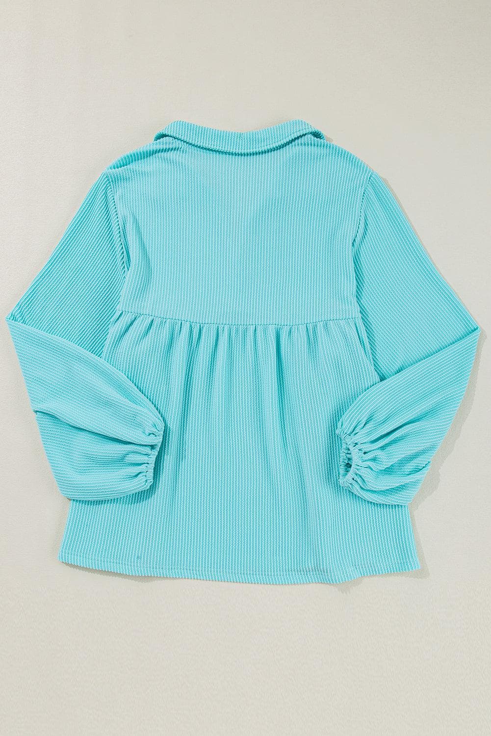 Plus Size/Plus Size Tops/Plus Size Long Sleeve Tops Turquoise Cordrd Balloon Sleeve Collar Plus Babydoll Top