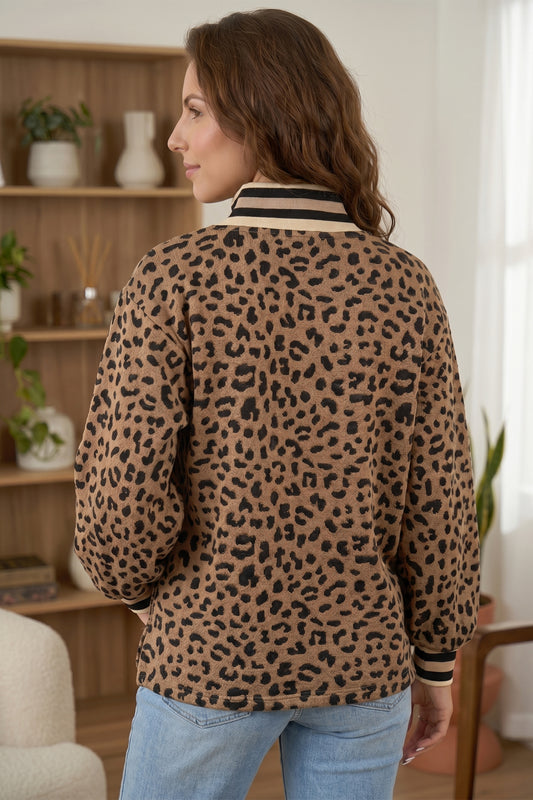 Brown Leopard Print Striped Trim Collar Long Sleeve Shift Pullover