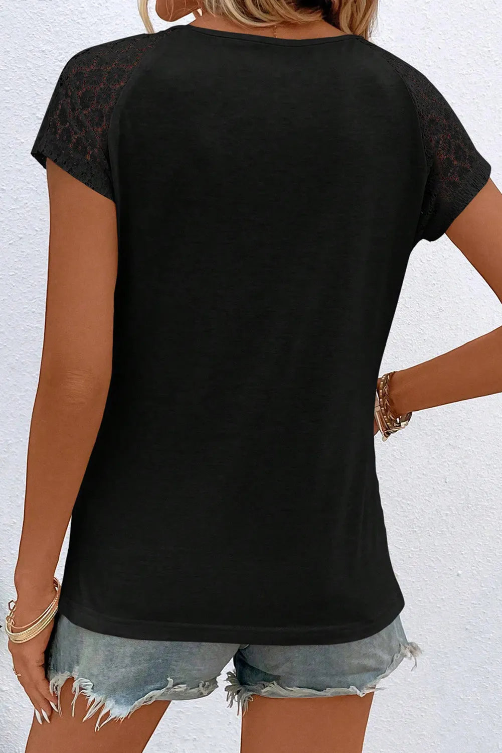 Black Contrast Lace Sleeve Keyhole Decor Top - Chic Meadow Boutique 