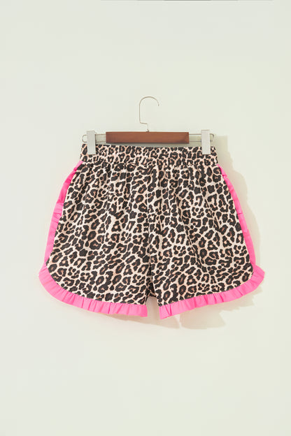 Khaki Leopard Print Contrast Ruffle Trim Shorts