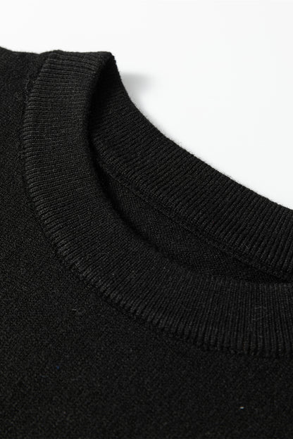 Black Solid Color Crew Neck Knit Cap Sleeve Sweater