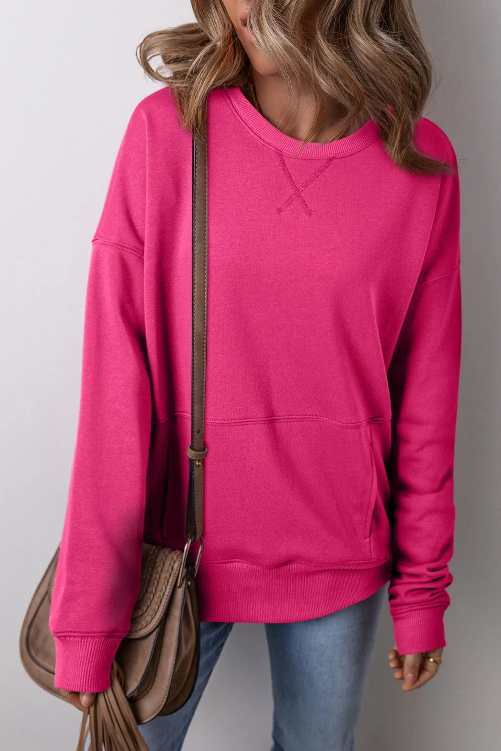 Rose Red Drop Shoulder Crisscross Stitching Pocketed Loose Sweatshirt - Chic Meadow Boutique 